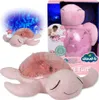 A collage of images showing a pink plush turtle night light, its packaging, and a baby interacting with it. Podgląd zdjęcia produktu