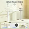 A white adjustable standing desk frame with informational graphics and close-up views of its features. Anteprima dell’immagine prodotto