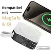 A smartphone is shown wirelessly charging on a power bank, with text overlay highlighting compatibility. Produktbild-Vorschau