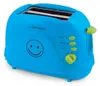 A blue toaster with green accents and a smiley face design. Produktbild-Vorschau