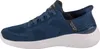 A side view of a blue Skechers slip-on sneaker with a white sole. Náhľad obrázku produktu