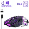 A gaming mouse with RGB lighting, along with its USB dongle and charging cable, presented against a white background with marketing text and icons. Produktbild-Vorschau