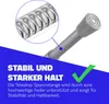 A close-up of a telescopic rod with a spring detail, overlaid with German marketing text and a checkmark. Produktbild-Vorschau