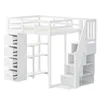 A white loft bed with integrated storage and stairs, shown from a front-side angle against a white background. Produktbild-Vorschau