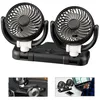 A dual-headed car fan is shown in three different scenarios: its main product shot, mounted on a car dashboard, and placed next to a laptop. Produktbild-Vorschau