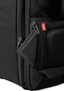 A close-up view of a black backpack with a wallet peeking out of a zippered pocket. Produktbild-Vorschau