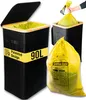 A black trash can with a yellow interior and a yellow trash bag next to it. A hand is shown inserting a yellow trash bag into a smaller trash can. Náhľad obrázku produktu