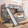 A children's bunk bed with a slide and storage drawers, set in a bedroom with a whimsical mural on the wall. Produktbild-Vorschau