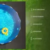 An overhead view of a round pool with a pineapple-shaped float, placed on a black mat with a green grassy background. Text and icons describing product features are displayed on the right side. Náhľad obrázku produktu