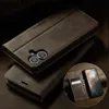 A brown leather flip phone case with a phone inside, showing the screen and cards in the wallet section. Produktbild-Vorschau