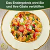 A pasta salad in a decorative bowl with text overlay and a logo. Produktbild-Vorschau