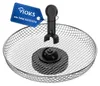 A close-up studio shot of a round metal mesh basket with a black handle attachment and a black base, against a white background. A blue tag with white text is attached to the handle. Produktbild-Vorschau