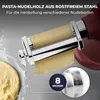 A close-up of a pasta roller attachment for a kitchen mixer, with dough being processed. Text overlays describe the product. Produktbild-Vorschau