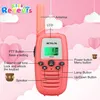 A pink Retevis RT637 walkie-talkie with labels pointing to its various features, set against a pink and white background with decorative clouds and hot air balloons. Produktbild-Vorschau