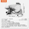 A VEVOR commercial meat slicer with dimensions and specifications displayed. Produktbild-Vorschau