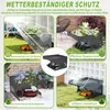 A collage of four images showing a weatherproof shelter for robotic lawn mowers in different weather conditions and settings. Produktbild-Vorschau