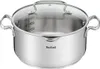 A stainless steel pot with a glass lid and two handles, shown from a front-side angle. Produktbild-Vorschau
