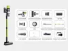 A vacuum cleaner and its various attachments are displayed in a grid layout. Produktbild-Vorschau