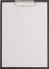 A close-up, top-down view of a black clipboard with a white sheet of paper on it. Produktbild-Vorschau