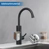 A black kitchen faucet is shown on a countertop with a sink in the foreground. A diagram illustrates the layered material of the faucet, and a close-up shows metal rods. Produktbild-Vorschau