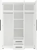 An open, empty wardrobe with three doors, showing shelves and drawers. Produktbild-Vorschau