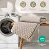 A beige quilted blanket is draped over a wooden table in front of a washing machine. There are marketing icons and text above the blanket. Anteprima dell’immagine prodotto