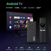A marketing image for an Android TV stick, showing the device, its remote, and a simulated TV interface. Produktbild-Vorschau