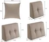 A collage of four images showing different sizes and orientations of a sand-colored cushion, with dimensions indicated. Produktbild-Vorschau