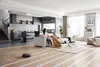 A woman and her dog relaxing in a modern living room with a robot vacuum cleaner on the floor. Produktbild-Vorschau