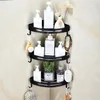 A black metal corner shelf in a bathroom, filled with various toiletries and decorative items. Produktbild-Vorschau