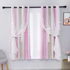 A window with pink and beige curtains, decorated with sheer white voile overlays adorned with small white stars. Náhled obrázku produktu