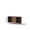 A modern sideboard with two doors open, revealing shelves and drawers, set against a white background. Voir les images du produit