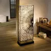 A tall, rectangular floor lamp with a woven shade is illuminated in a room with wooden floors and furniture. Náhled obrázku produktu