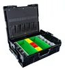 An open black toolbox with various compartments, some filled with green, yellow, and red dividers. Náhled obrázku produktu