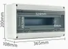A white electrical distribution box with a transparent gray cover, shown with dimensions indicated by white lines and text. Produktbild-Vorschau
