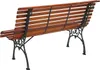 A wooden park bench with black metal legs, shown from the back. Produktbild-Vorschau