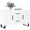 A white sideboard with black legs, featuring two doors and two drawers, is shown against a white background. Decorative elements like a vase with greenery and stacked books are placed on top. Produktbild-Vorschau