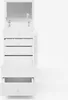 A white makeup vanity with a mirror and multiple drawers, shown from the front with some drawers open. Produktbild-Vorschau