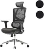 A black ergonomic office chair with a headrest and adjustable armrests is shown against a white background. Two circular insets on the right show close-ups of the mesh material. Náhled obrázku produktu