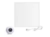 A white infrared heating panel with a white thermostat and a white power cord on a white background. Produktbild-Vorschau