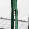 A close-up view of a green zipper on a clear plastic greenhouse. Voir les images du produit