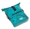 A teal roll-top backpack with a floral pattern, shown against a white background. Produktbild-Vorschau