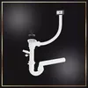 A white sink drain assembly with a black stopper is shown against a black background with a gold border. Produktbild-Vorschau