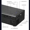 A close-up view of the side and top of a black mini projector, with various ports and buttons labeled with text overlays. Produktbild-Vorschau