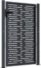 A dark gray metal garden gate with a perforated design, shown standing upright between two posts. Produktbild-Vorschau
