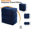 Multiple views and dimensions of a blue inflatable travel pillow. Produktbild-Vorschau