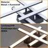 A split image showing a modern black ceiling light with white LED bars. The top half shows a close-up of the light's structure and material information. The bottom half shows the light emitting warm white light and displays its power and color temperature. Voir les images du produit