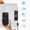 A hand holds a smartphone charging from a portable cooler, with icons indicating product features. Náhled obrázku produktu