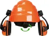 An orange safety helmet with attached ear protection, shown against a white background. Produktbild-Vorschau