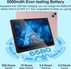 A pink tablet is shown from the front and back, with text highlighting its battery life and charging capabilities. Produktbild-Vorschau